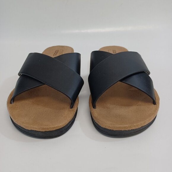 IZOD Sandals Black Tan Alyssa Criss Cross Slip On Open Toe Flats Womens 6 M - Picture 4 of 15